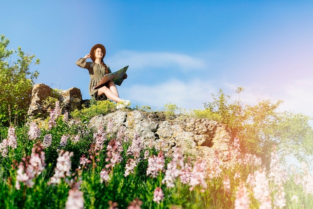 Tourist in hilly landscape