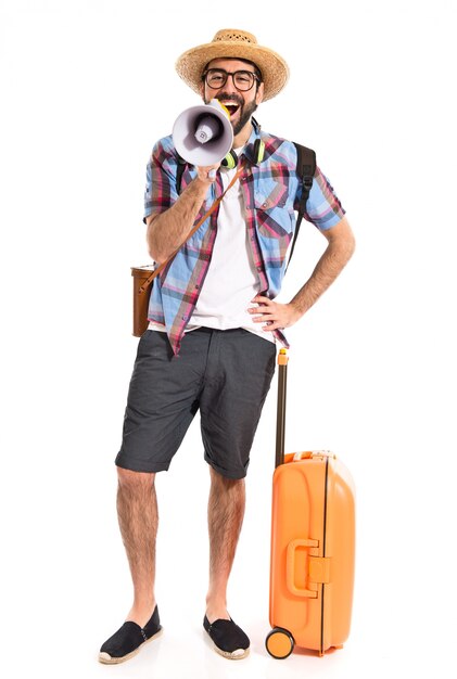 Tourist shouting by megaphone