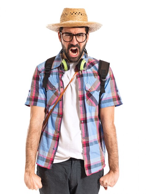 Tourist shouting over white background