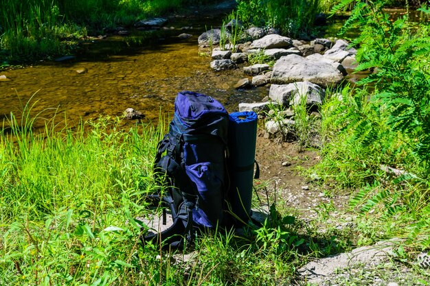 森​の​中の川​の​ほとり​に​ある​観光用​バック​パック