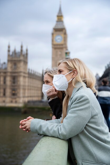 Tourists visiting city and wearing travel mask