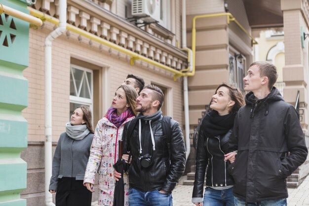 Tourists walking and sightseeing