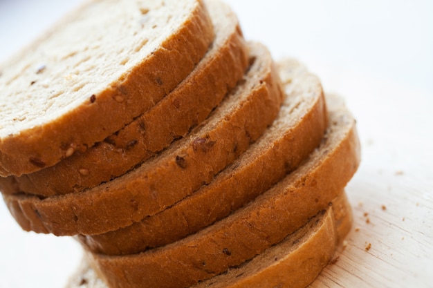 Tower of bread pieces on a table