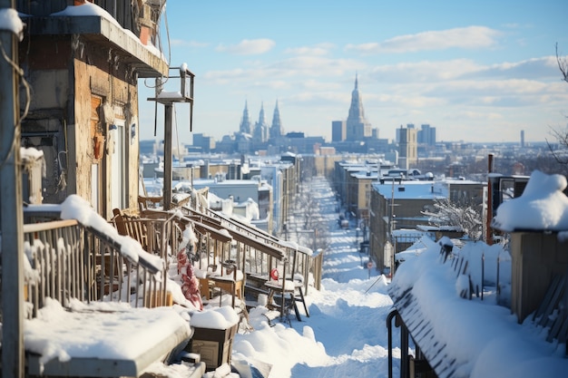 Foto gratuita città coperta di neve in condizioni climatiche estreme