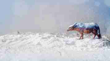 Free photo toy animal on bank of snow and snowflakes