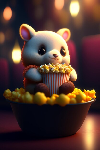 A toy bear sits in a bowl of popcorn.