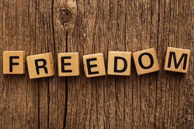 Free photo toy bricks on the table with word freedom