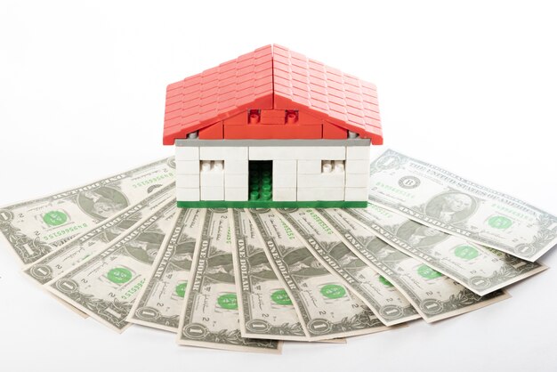 Игрушечная модель дома над деньгами