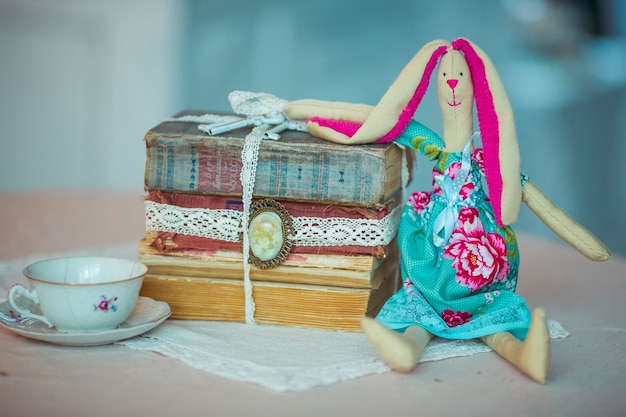 Free photo toy rabbit sits before bunch of old books