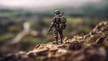 Free photo toy soldiers aiming rifles on battlefield outdoors generated by ai