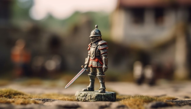 Free photo toy soldiers in suits of armor battle outdoors generated by ai