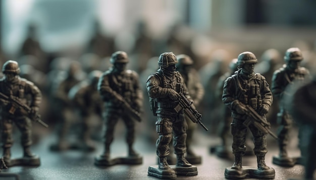 Soldatini in uniforme che puntano fucili ferocemente generati dall'intelligenza artificiale