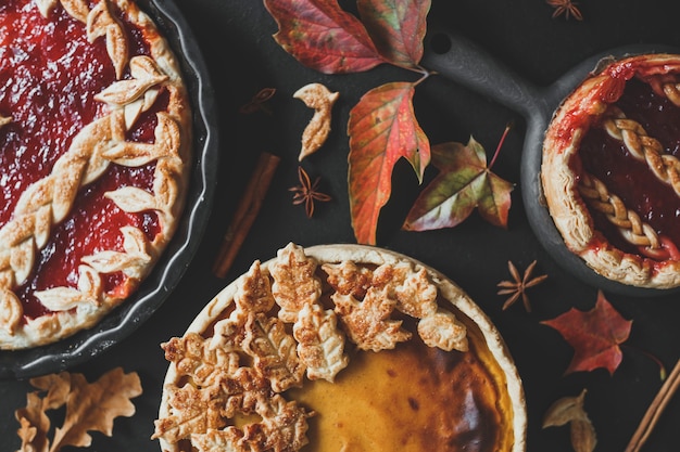 Traditional american pumpkin pie and apple pie thanksgiving day