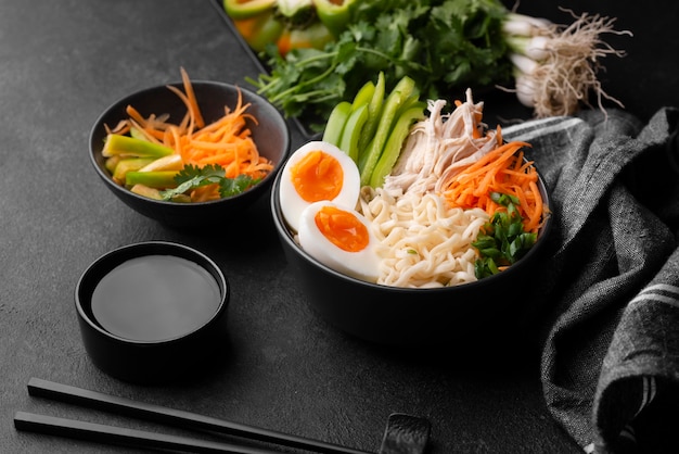 Traditional asian dishes with vegetables and eggs