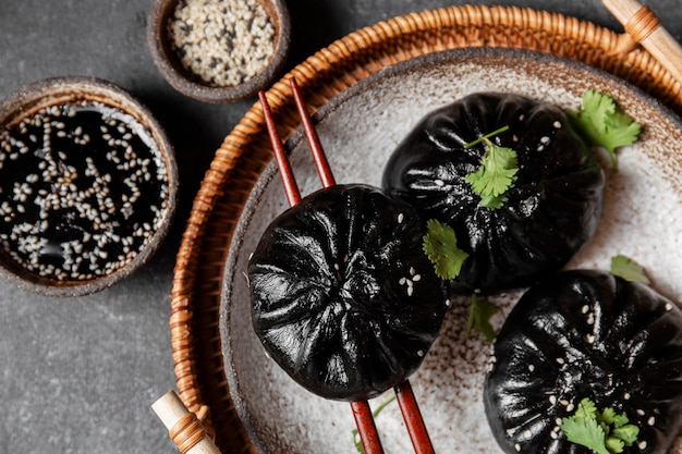 Traditional asian food on plate flat lay