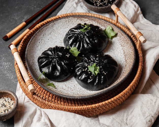 Traditional asian food on plate high angle