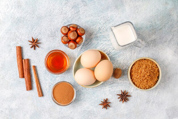 Traditional autumn baking ingredients: apples,cinnamon,nuts.