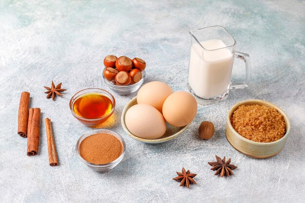 Traditional autumn baking ingredients: apples, cinnamon, nuts.