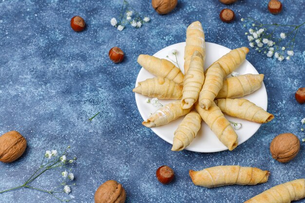 Traditional Azerbaijan holiday Novruz cookies mutaki on white plate 