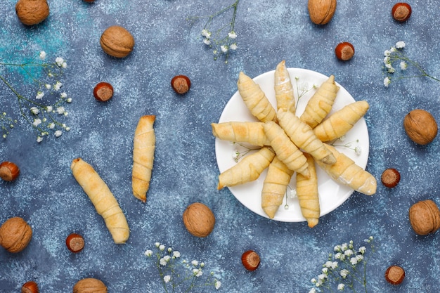 Traditional Azerbaijan holiday Novruz cookies mutaki on white plate 