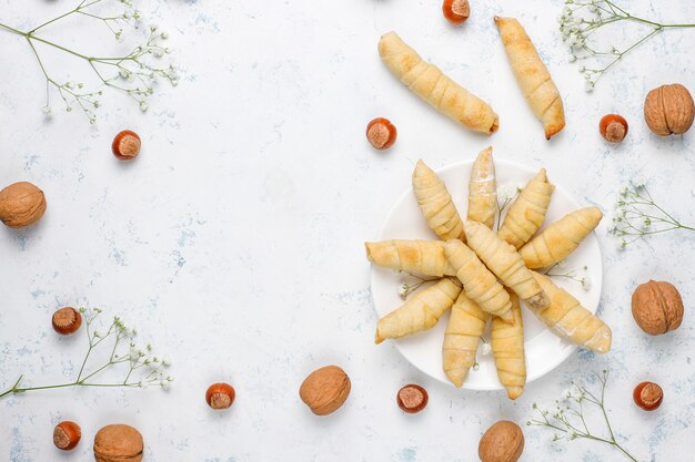 Traditional Azerbaijan holiday Novruz cookies mutaki on white plate