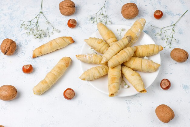 Traditional Azerbaijan holiday Novruz cookies mutaki on white plate