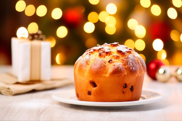 Foto gratuita panettone natalizio tradizionale con sfondo di decorazioni natalizie su tavolo di legno