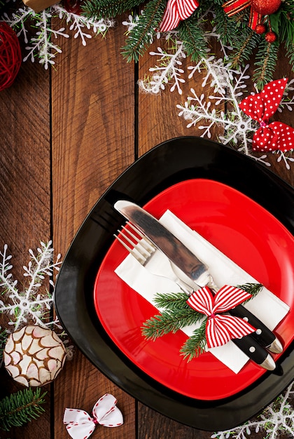 Traditional dishware on Christmas table. Flat lay. Top view