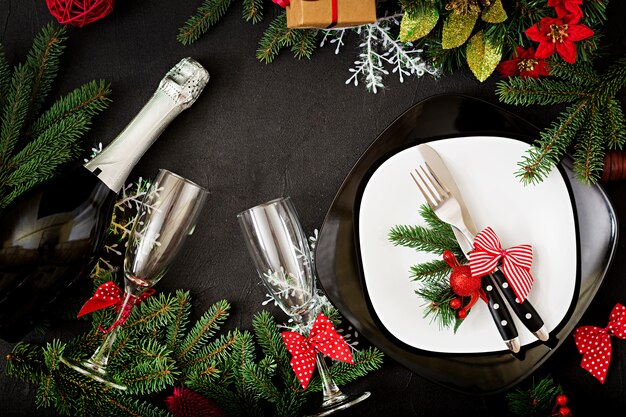 Traditional dishware on Christmas table. Flat lay. Top view