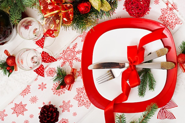 Traditional dishware on Christmas table. Flat lay. Top view