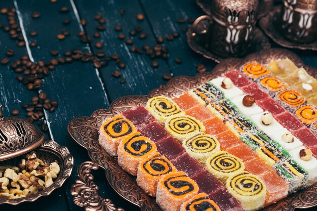 Traditional eastern desserts on wooden background