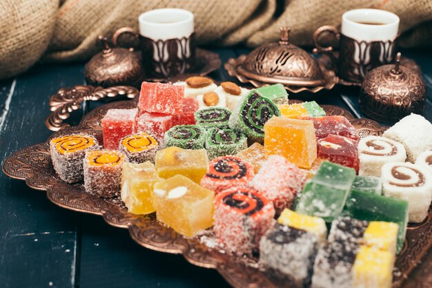 Traditional eastern desserts on wooden background