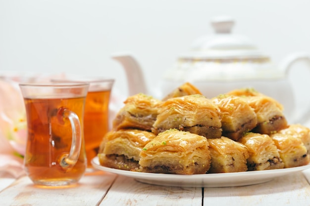 Traditional eastern desserts on wooden background