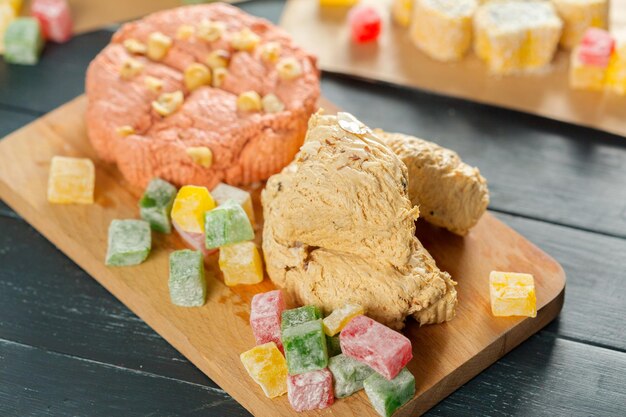 Traditional eastern desserts on wooden background