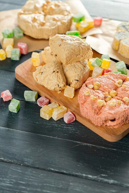 Traditional eastern desserts on wooden background