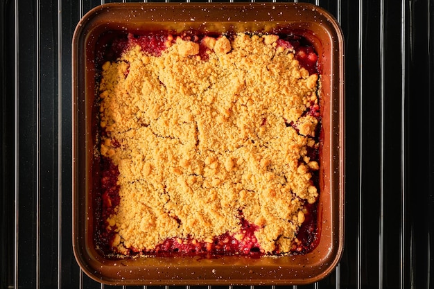 Traditional English crumble tart with rhubarb with baked topping served as closeup in backing form top view