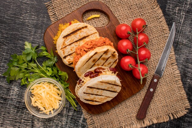 Traditional food arrangement flat lay