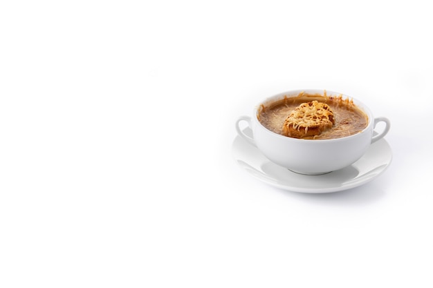 Traditional french onion soup isolated on white background