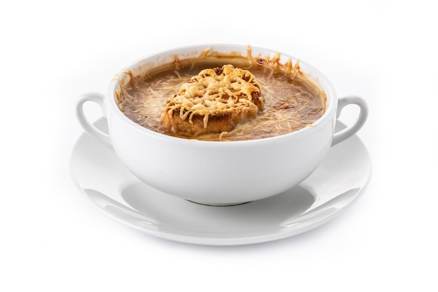 Traditional french onion soup isolated on white background