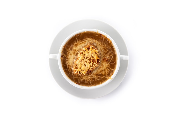 Traditional french onion soup isolated on white background