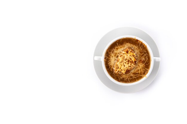 Traditional french onion soup isolated on white background