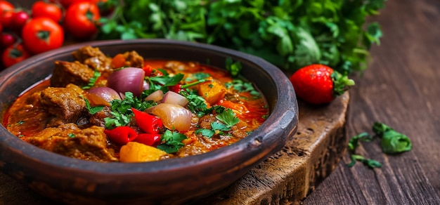 Foto gratuita piatto tradizionale georgiano di tenero vitello stufato con cipolle e peperoni chashushuli culinaria