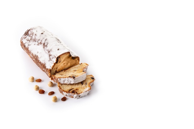 Traditional German Christmas stollen isolated on white background