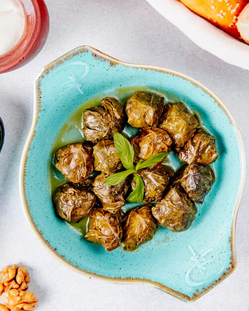 traditional grape leaves in a bowl