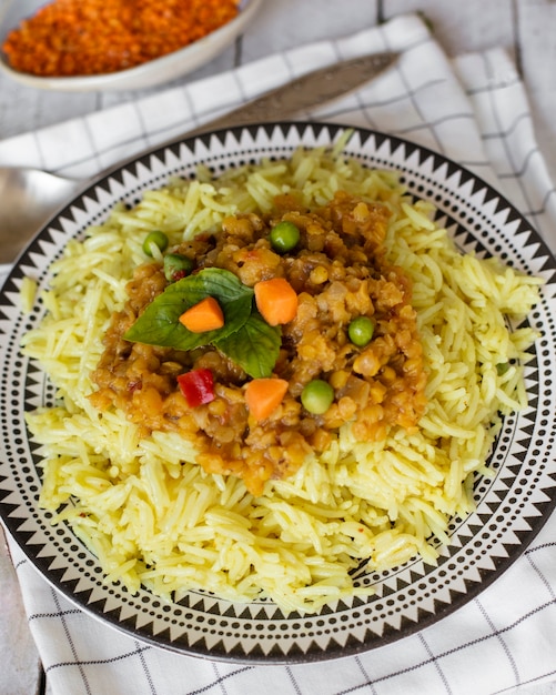 Traditional indian dish with rice close-up