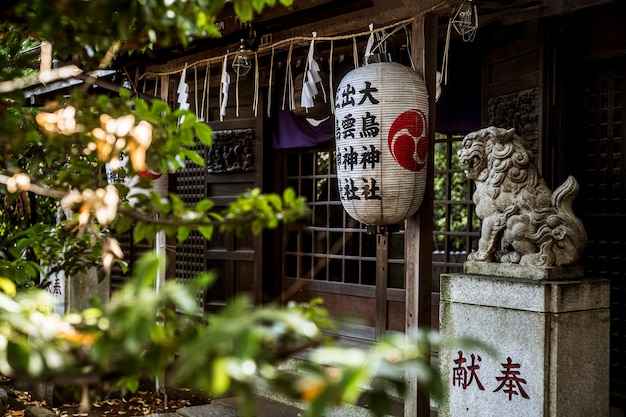 提灯が付いている日本の伝統的な寺院の入り口