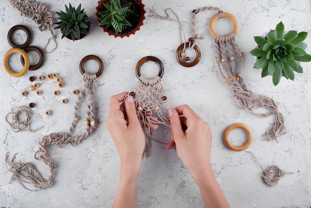 Traditional macrame arrangement indoors