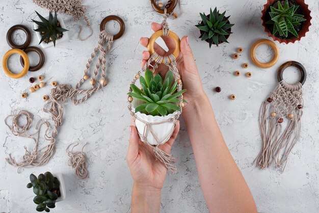 Traditional macrame composition indoors