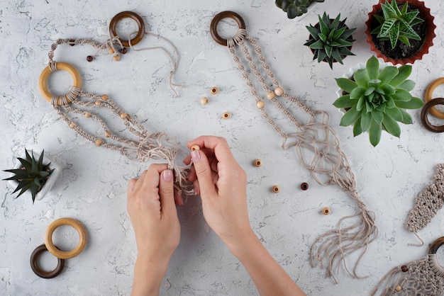 Traditional macrame composition indoors