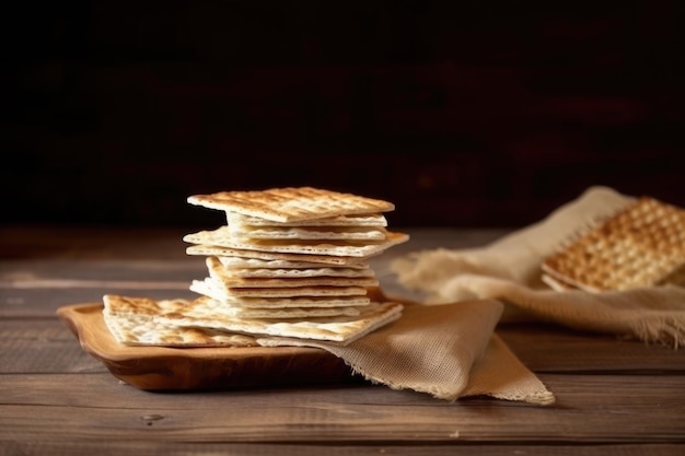 Free photo traditional matzah bread on rustic wooden table ai generative